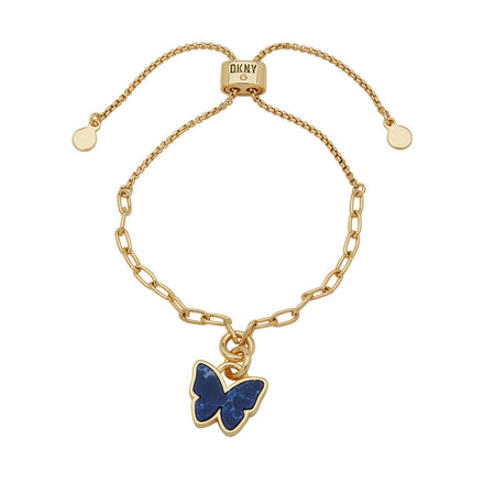 BRAZALETE DORADO MARCA DKNY DE SILUETA AJUSTABLE DIJE MARIPOSA RESINA AZUL