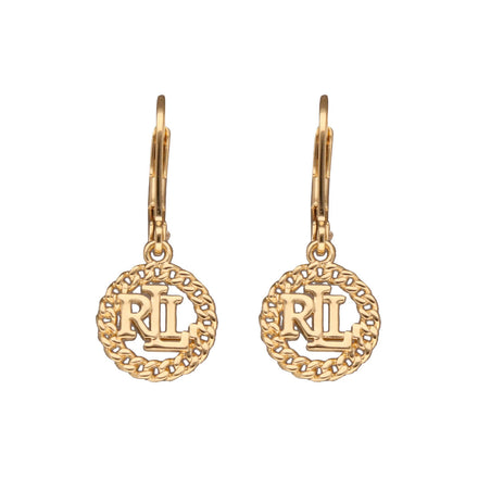 ARETES MARCA RALPH LAUREN DORADO DE SILUETA COLGANTE LOGO RLL