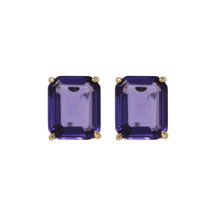 ARETES MARCA RALPH LAUREN DORADO DE SILUETA BOTON CRISTAL BAGUETTE MORADO