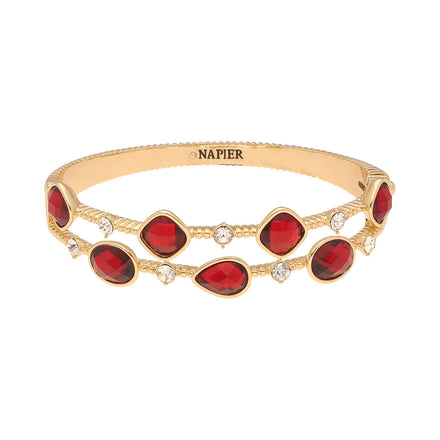 Pulsera Color Oro, Marca Napier, Tipo  Brazalete  Rígido Con Textura Y Detalles Tipo Cristal En Rojo Y Cristal, Terminado Brillante, Cierre Tipo Pestillo