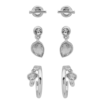 Aretes Silver Social Crystal para dama color Plata marca Nine West tipo tripack boton con diferentes formas con incrsutaciones de cristal