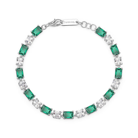 Brazalete De Plata De Ley 925. Con Circonita Cúbica Color Claro Y Circonitas Baguette De Color Esmeralda.